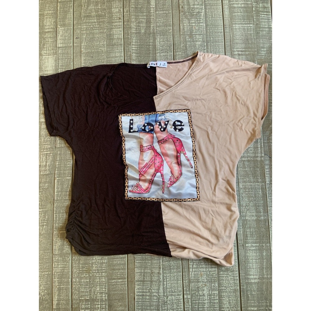 Love J Oh La La Rhinestone Bling Crop Top Womens Medium Brown Graphics Knot Hem